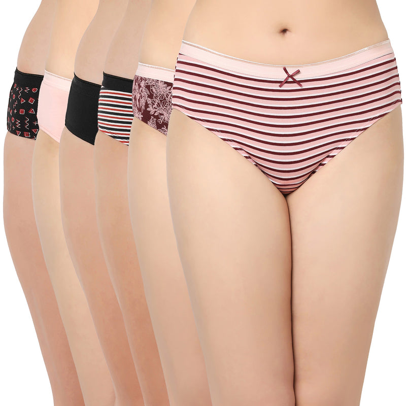 High Rise Full Coverage Solid and Printed Cotton Stretch Hipster Panty (Pack of 6)-6FCB-21