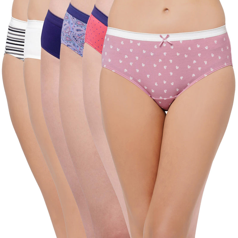 High Rise Full Coverage Solid and Printed Cotton Stretch Hipster Panty (Pack of 6)-6FCB-21