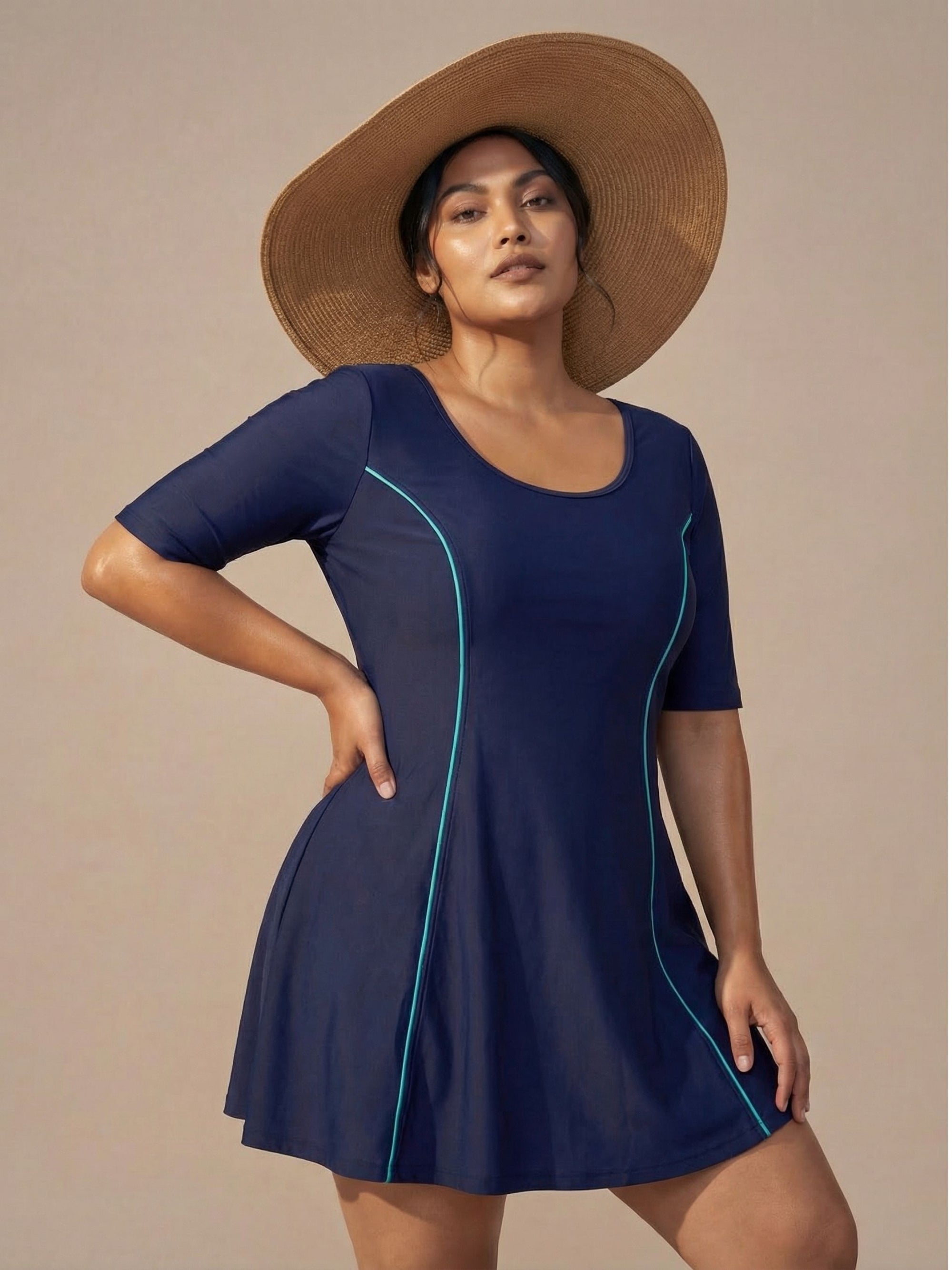 Half-Sleeve Princess Line Swim Dress with Inner Shorts