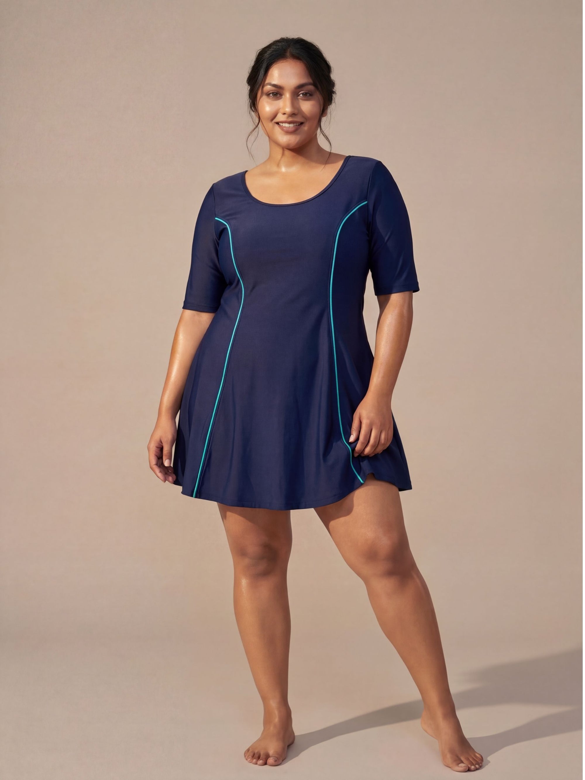 Half-Sleeve Princess Line Swim Dress with Inner Shorts