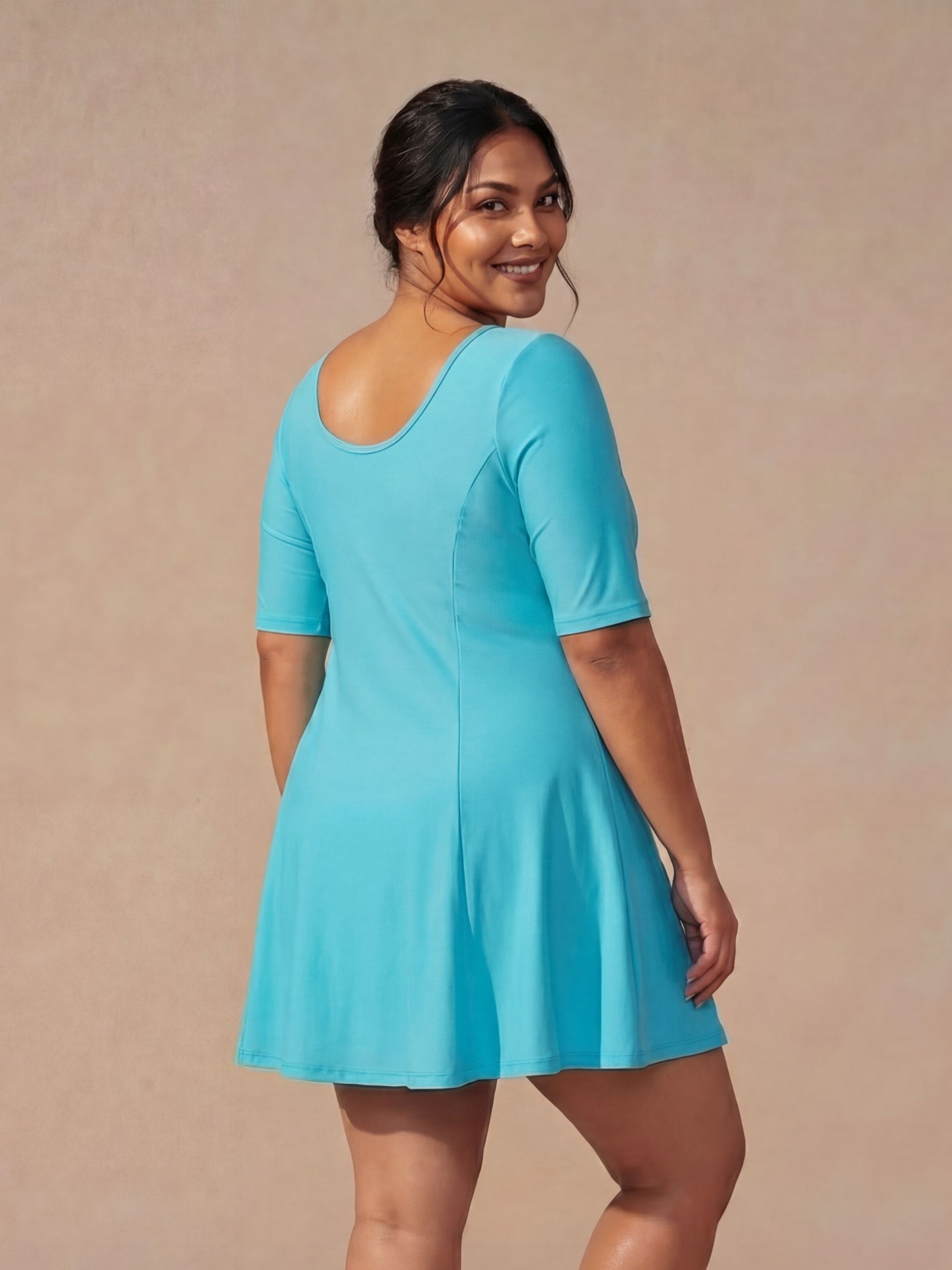 Half-Sleeve Princess Line Swim Dress with Inner Shorts
