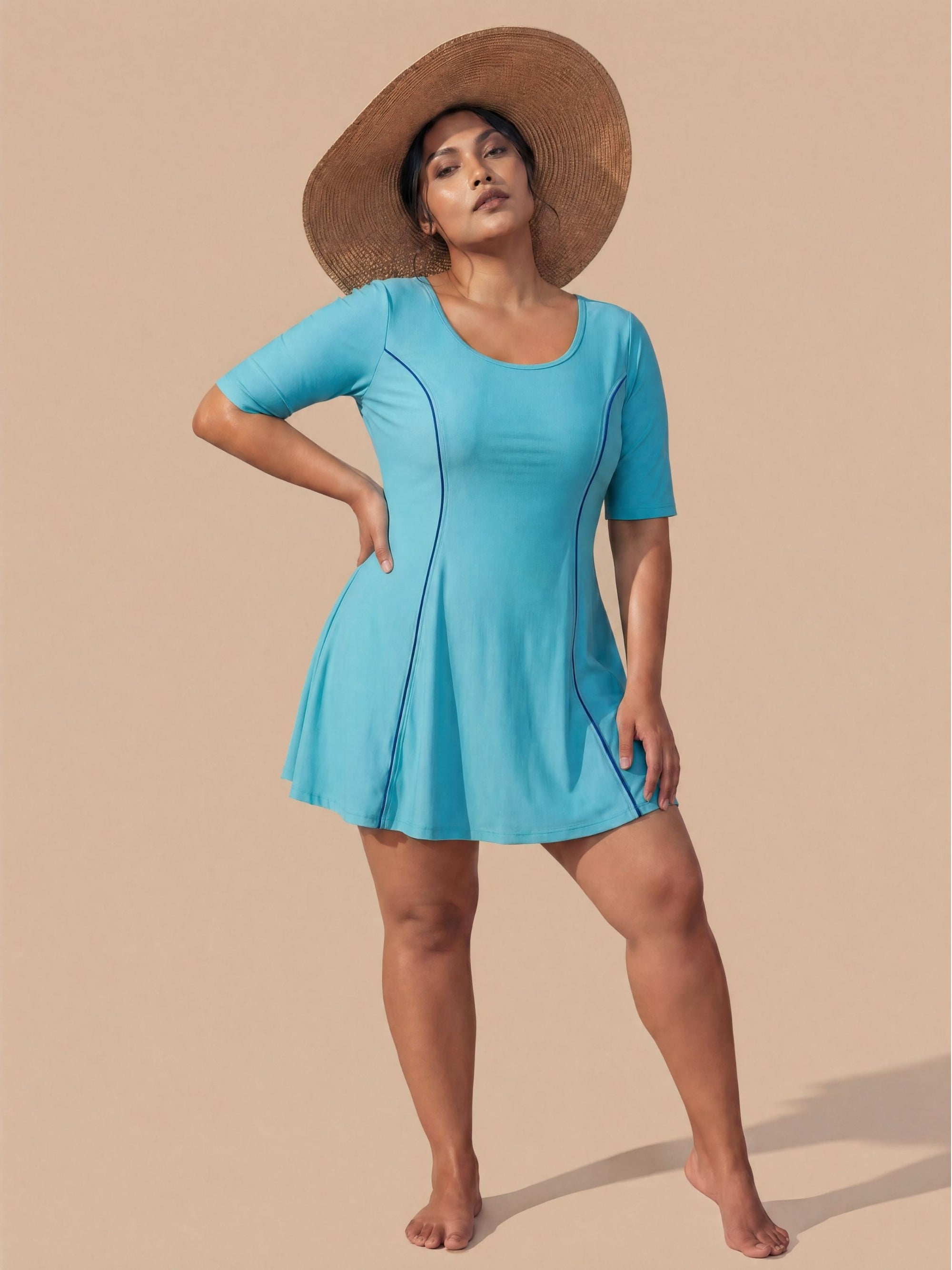 Half-Sleeve Princess Line Swim Dress with Inner Shorts