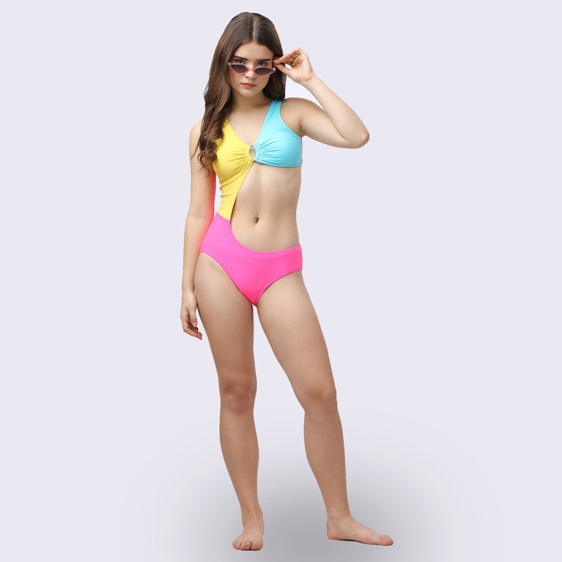 Colour Blocked Monokini Swimsuit with Front Cut-AQS-21