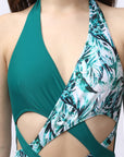 Solid and Tropical Printed Halter Neck Monokini Swimsuit-AQS-5
