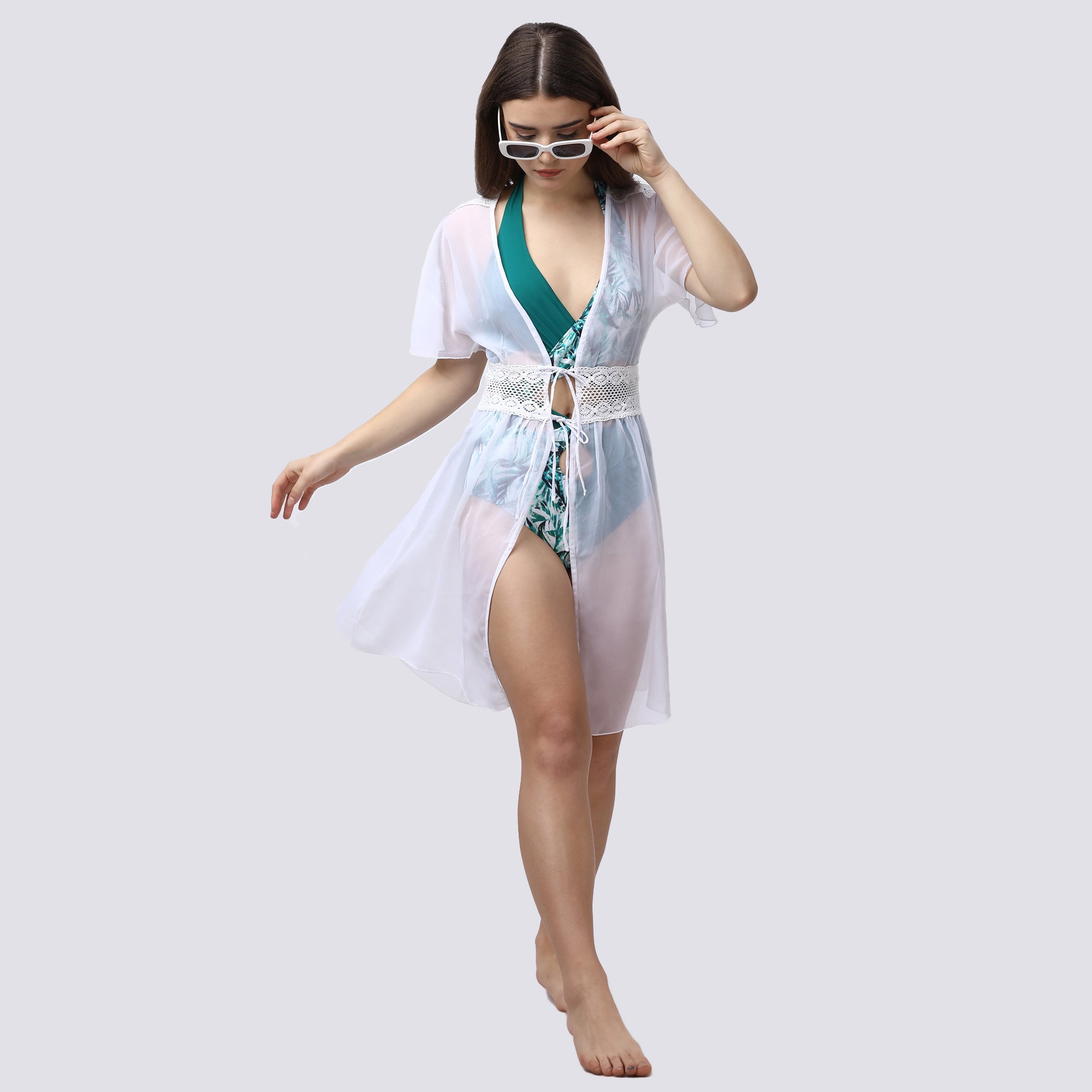 Crocheted Half Sleeves White Sheer Robe Cover Up- AQS-7