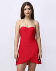 Metallic Stringed Halter Neck Swim Dress With Attached Shorts-AQS-15