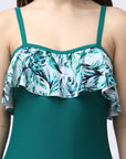 Tropical Printed Ruffled Neckline Mid Thigh Length Solid Swimsuit-AQS-6