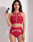 High-Neck Halter Padded Bikini Set with High Waist Brief