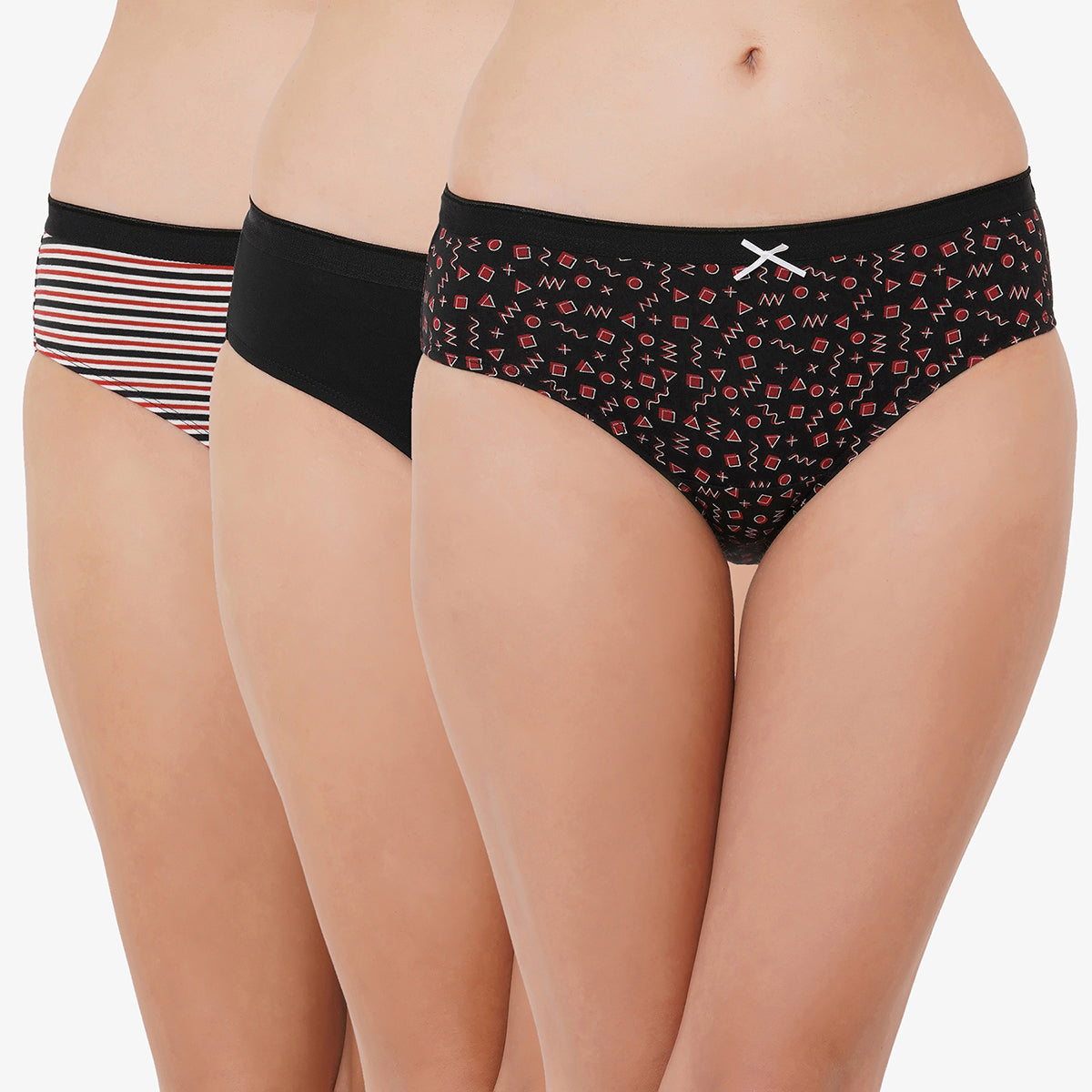 High Rise Full Coverage Solid and Printed Cotton Stretch Hipster Panty (Pack of 3) - 3FCB-17