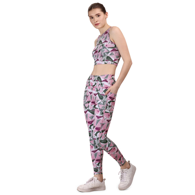 Set of Sleeveless Activewear Crop Top with High Waist Ankle Length Sports Leggings With Pockets