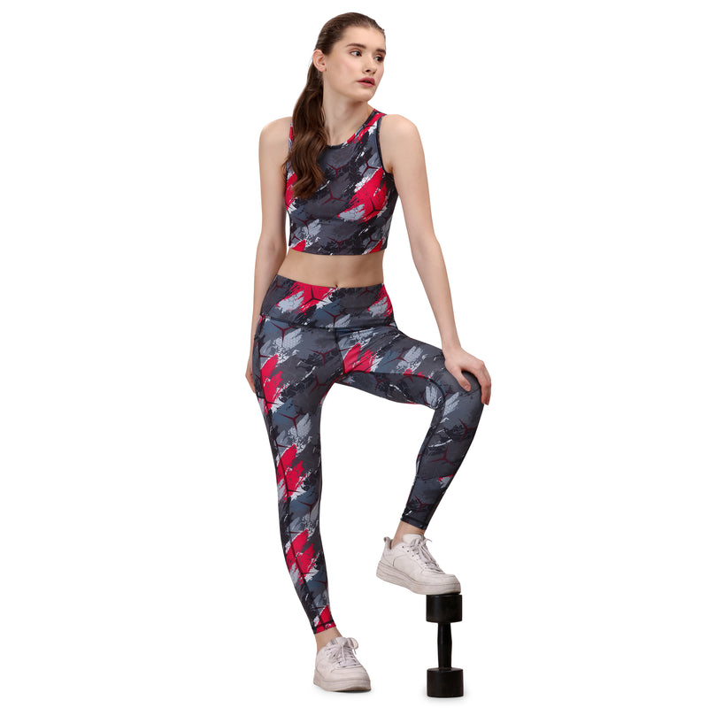 Set of Sleeveless Activewear Crop Top with High Waist Ankle Length Sports Leggings With Pockets