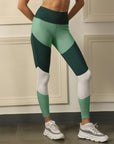 High-Waist Compression Waistband Ankle-Length Leggings with Tri-Color Block