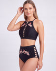 High-Neck Halter Padded Bikini Set with High Waist Brief