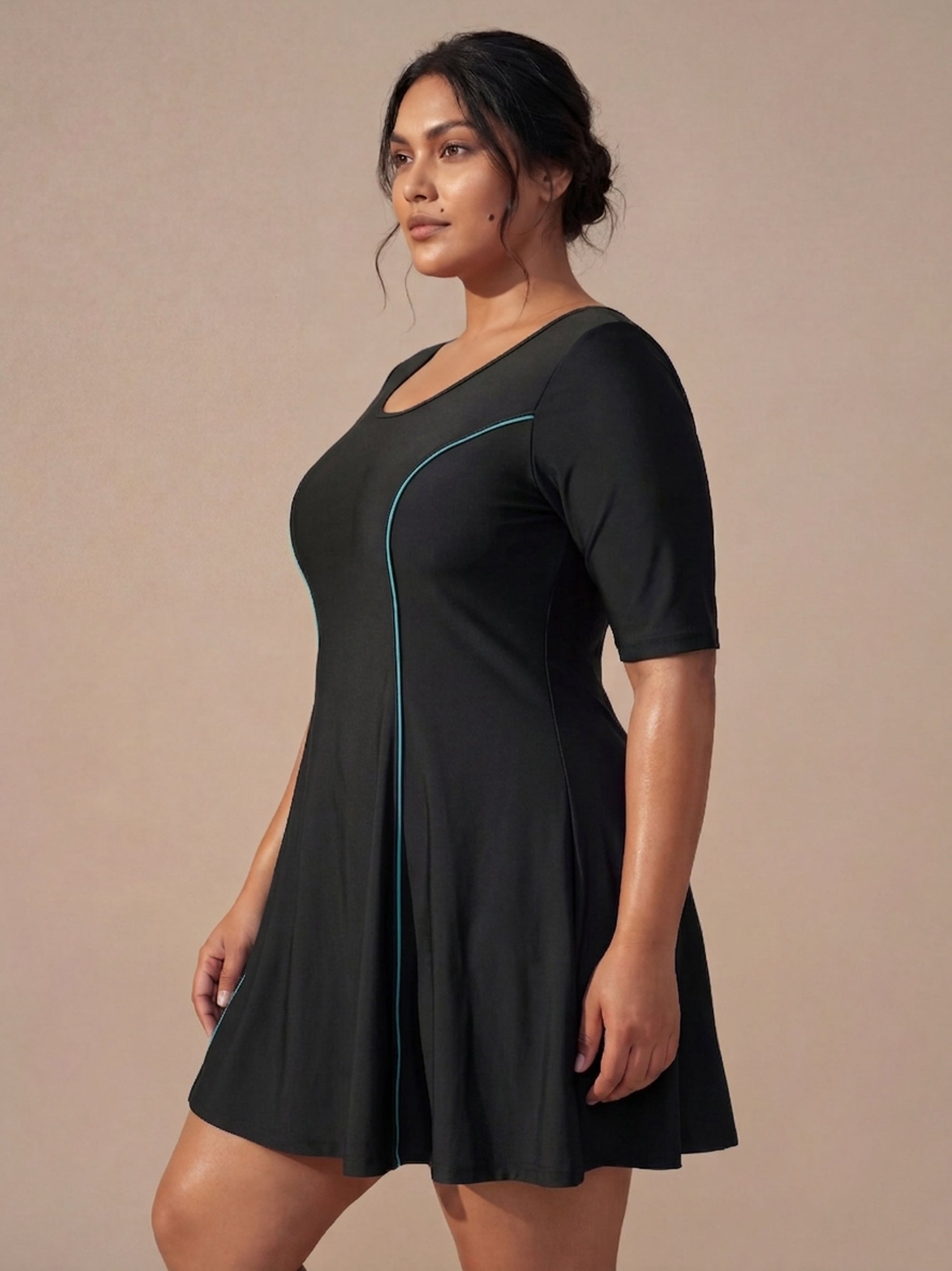 Half-Sleeve Princess Line Swim Dress with Inner Shorts