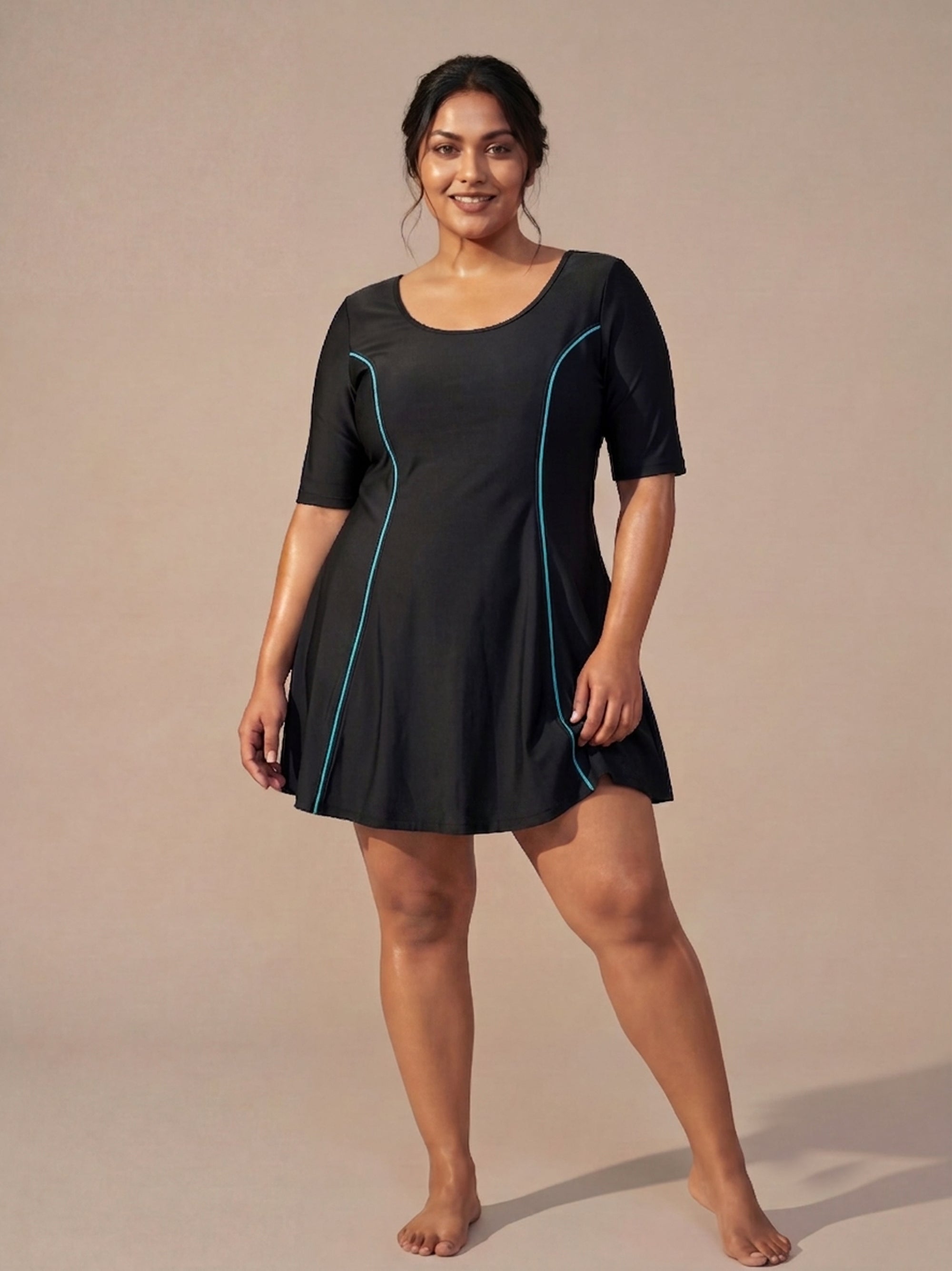 Half-Sleeve Princess Line Swim Dress with Inner Shorts