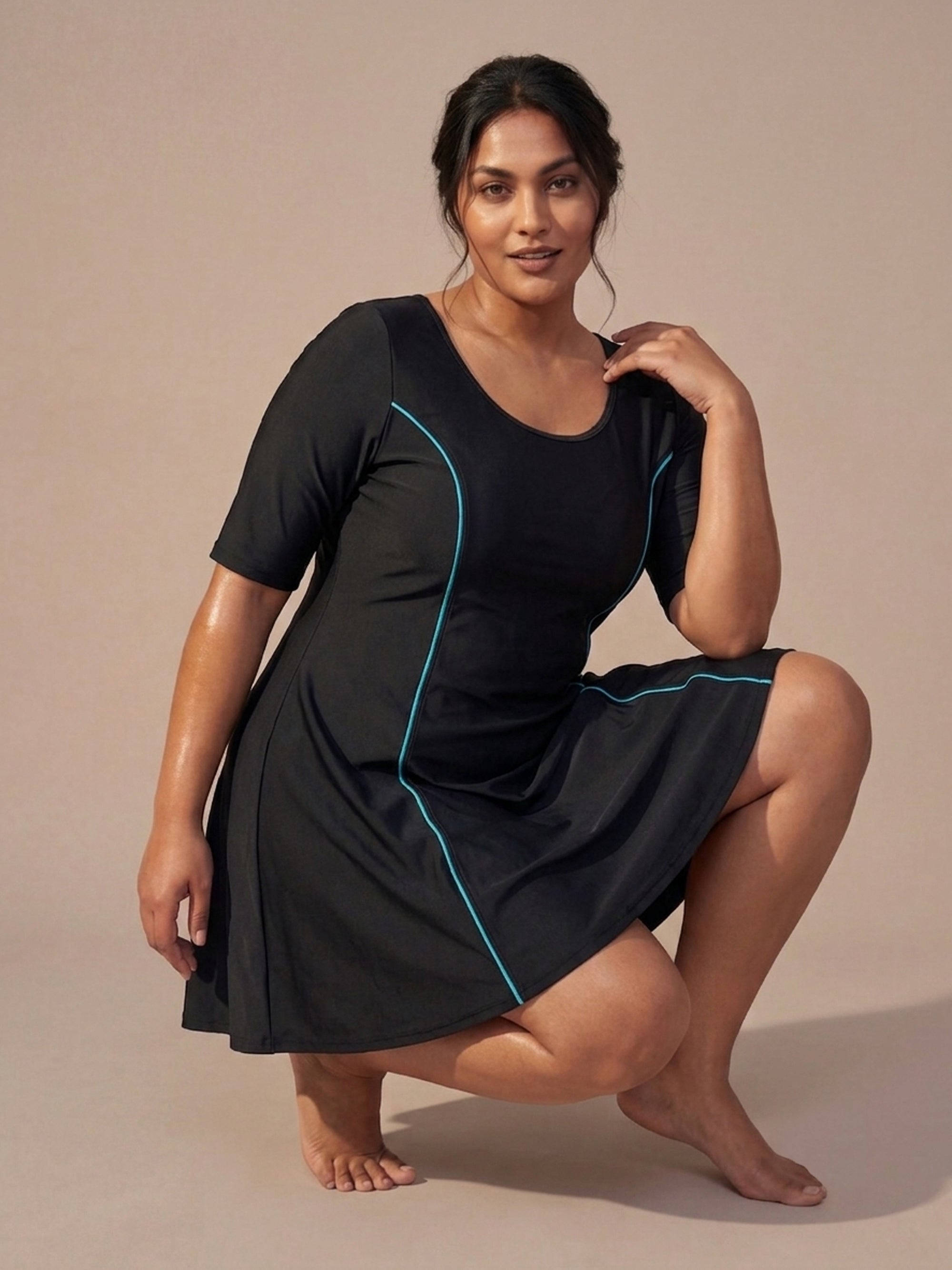 Half-Sleeve Princess Line Swim Dress with Inner Shorts