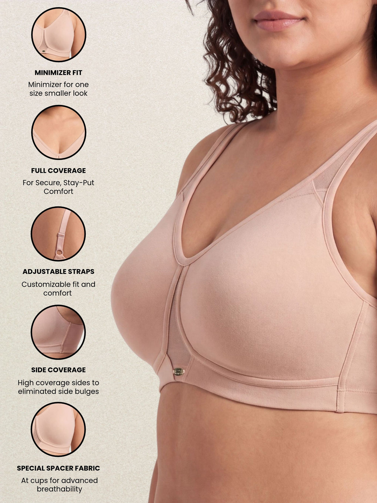 Non Padded Non wired Full Coverage Spacer Fabric Cups Minimiser T-Shirt Bra