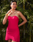 Metallic Stringed Halter Neck Swim Dress With Attached Shorts-AQS-15