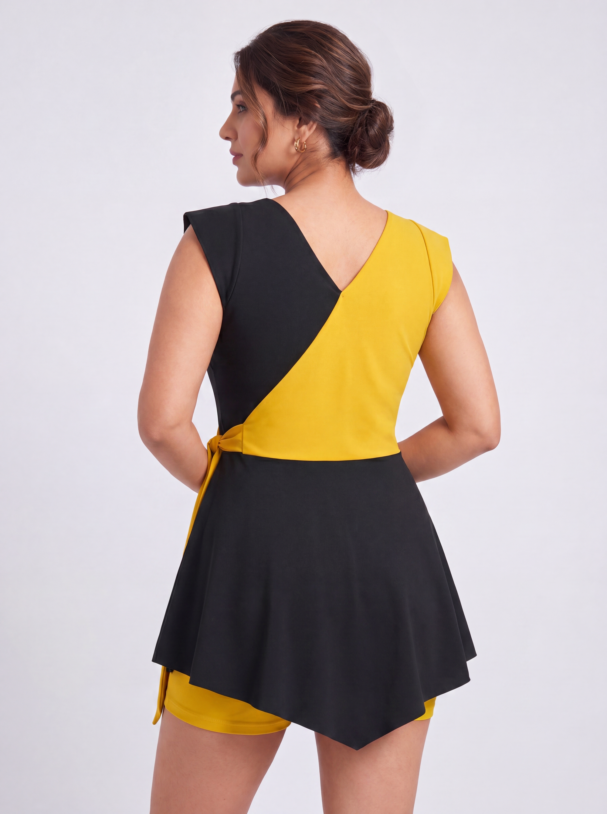 Colour Block V-Neck Skirted Swimsuit with Hot Pants