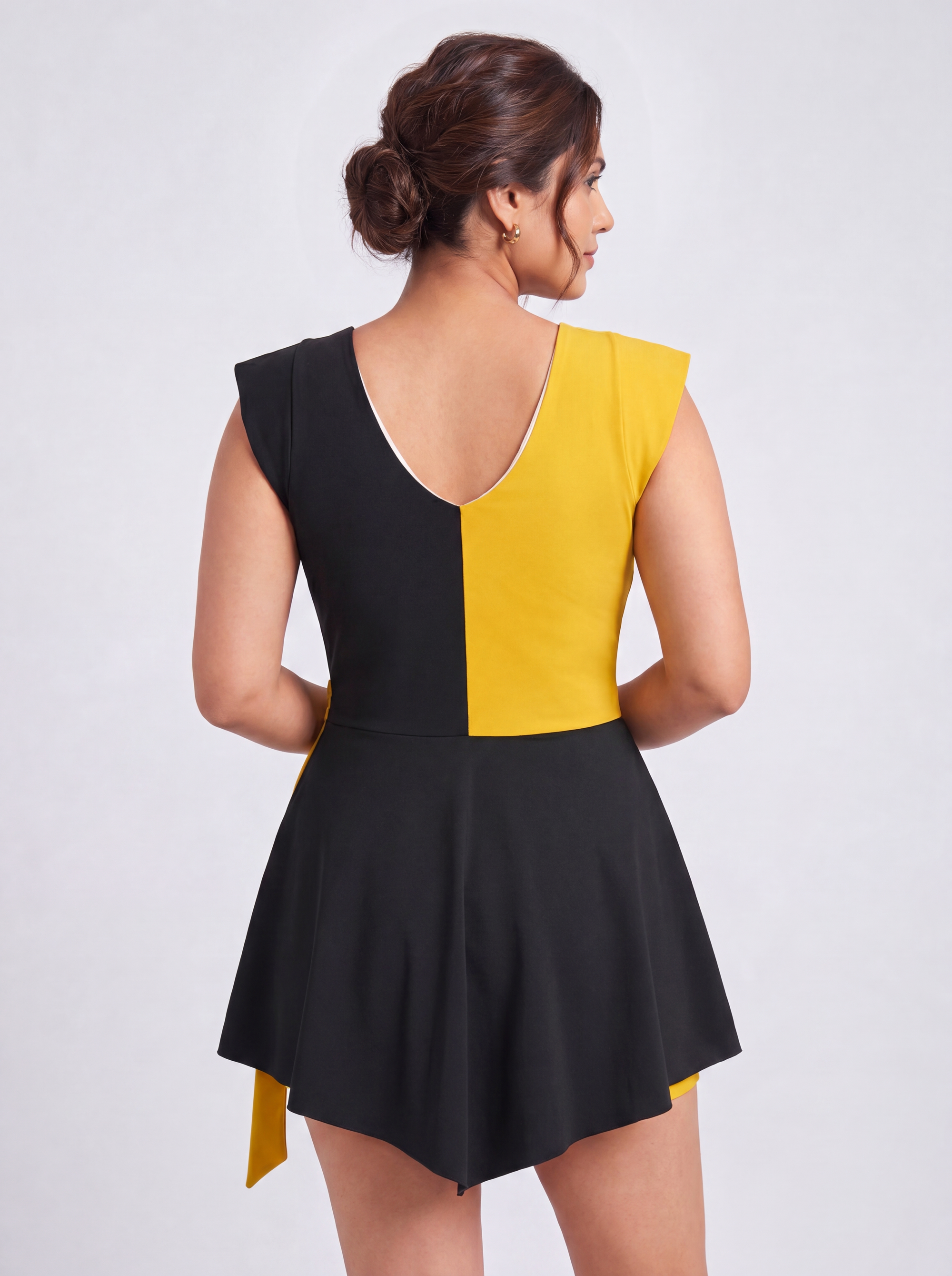 Colour Block V-Neck Skirted Swimsuit with Hot Pants