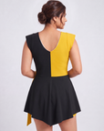 Colour Block V-Neck Skirted Swimsuit with Hot Pants