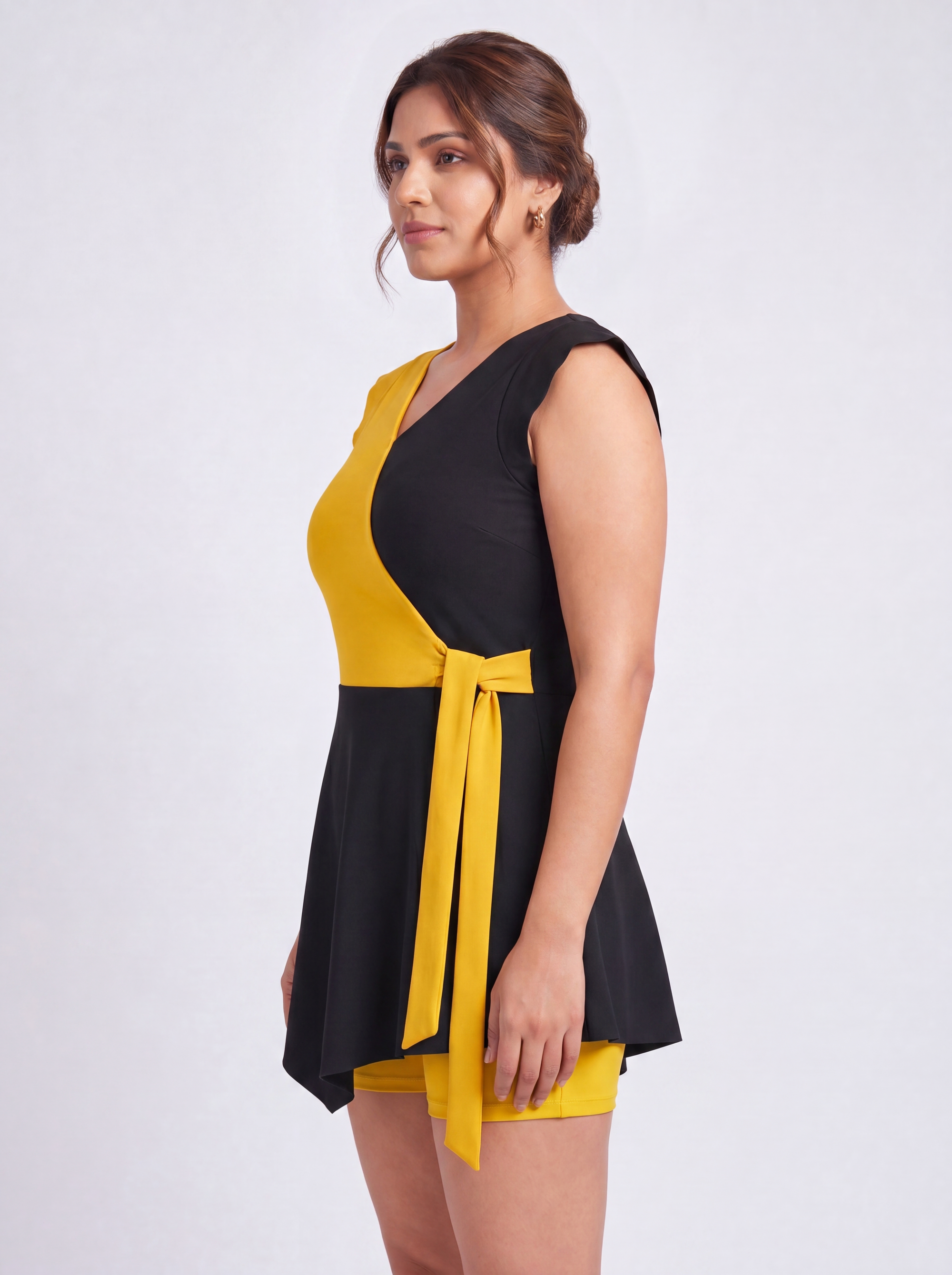Colour Block V-Neck Skirted Swimsuit with Hot Pants