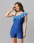 Printed Ruffled Neck One-shoulder Mid Thigh Length Swimsuit-AQS-12