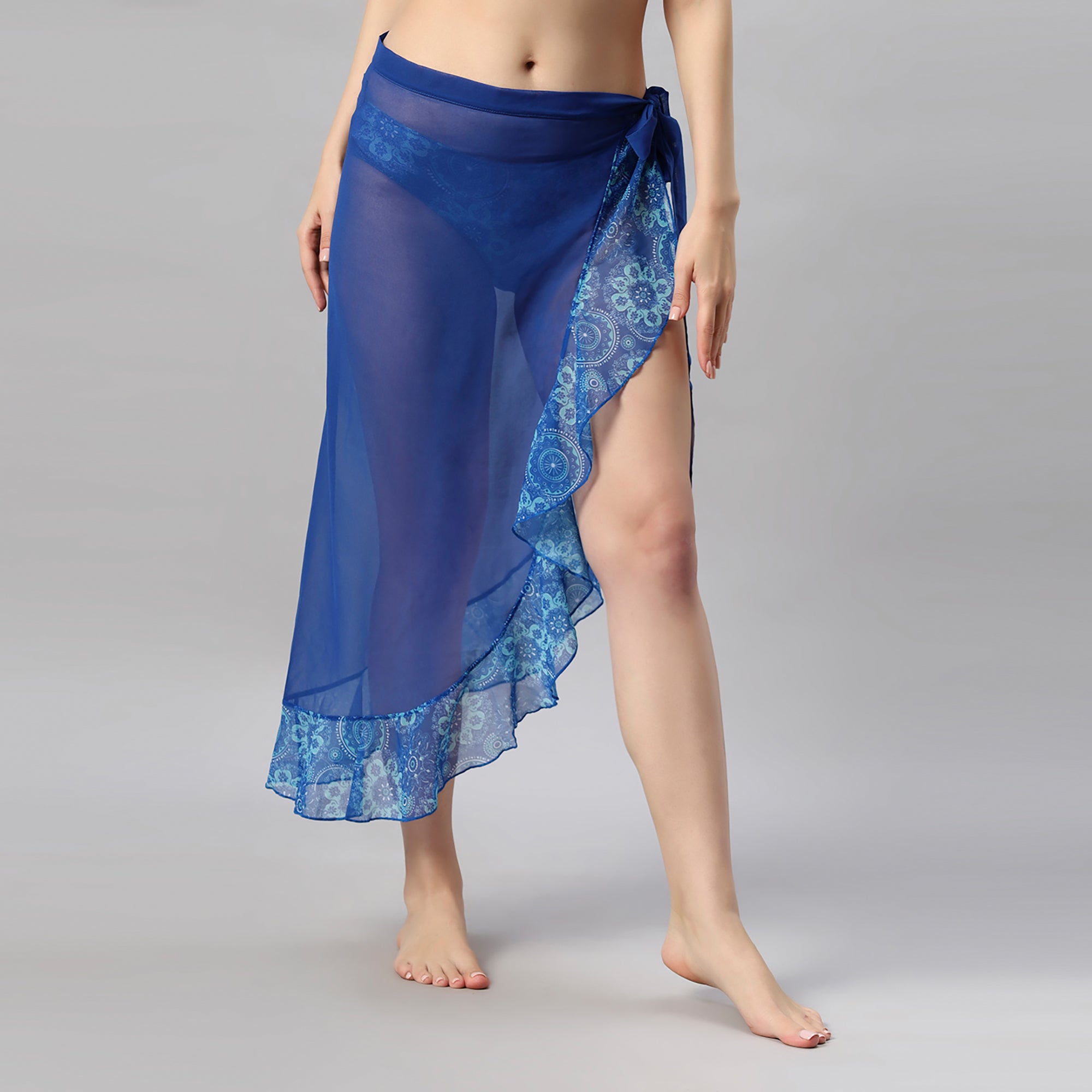 Blue Solid and Printed Wrap Around Sarong Cover Up - AQS-13