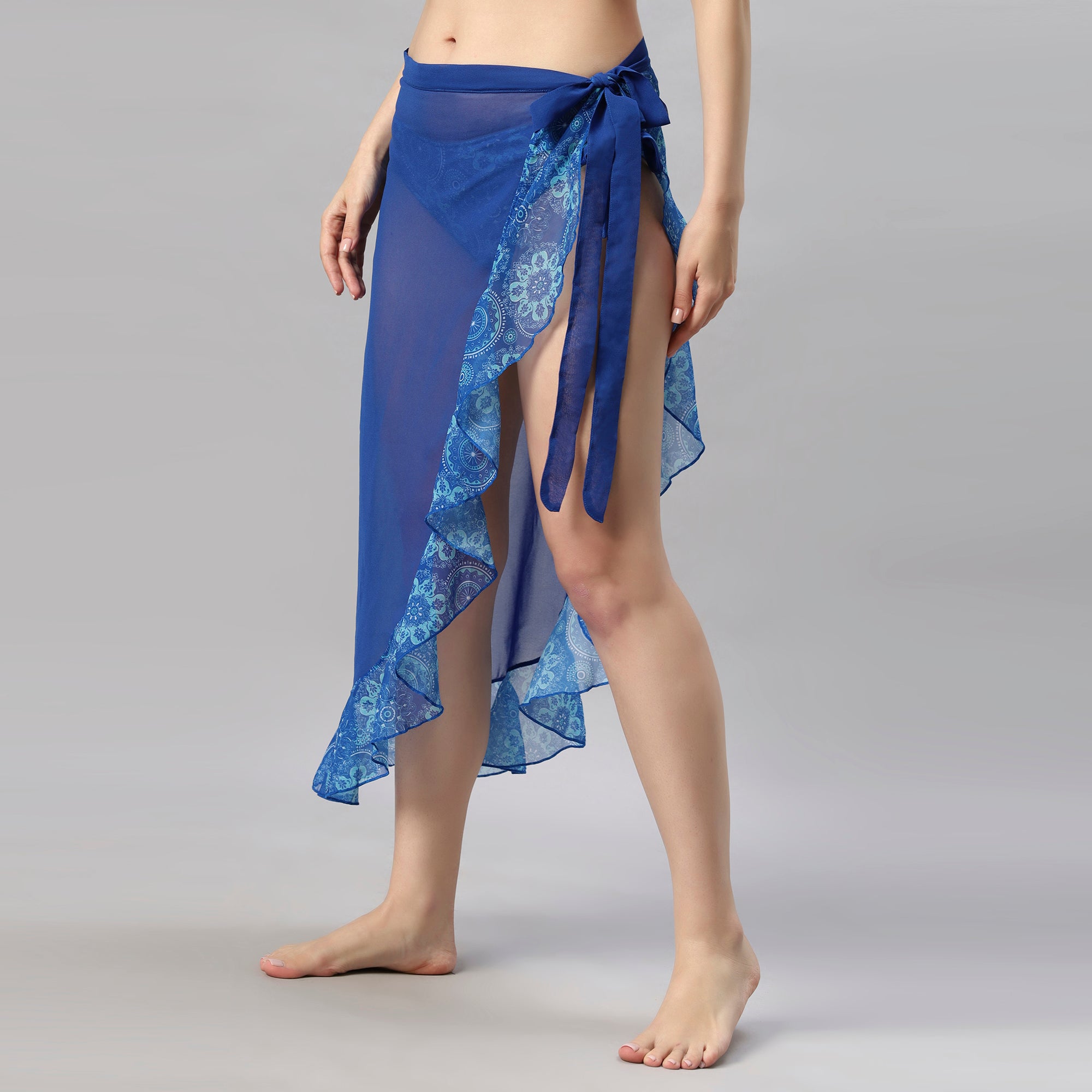 Blue Solid and Printed Wrap Around Sarong Cover Up - AQS-13