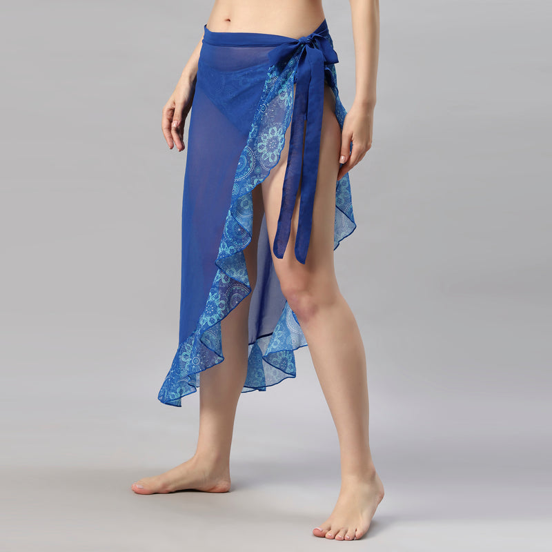 Blue Solid and Printed Wrap Around Sarong Cover Up-AQS-13