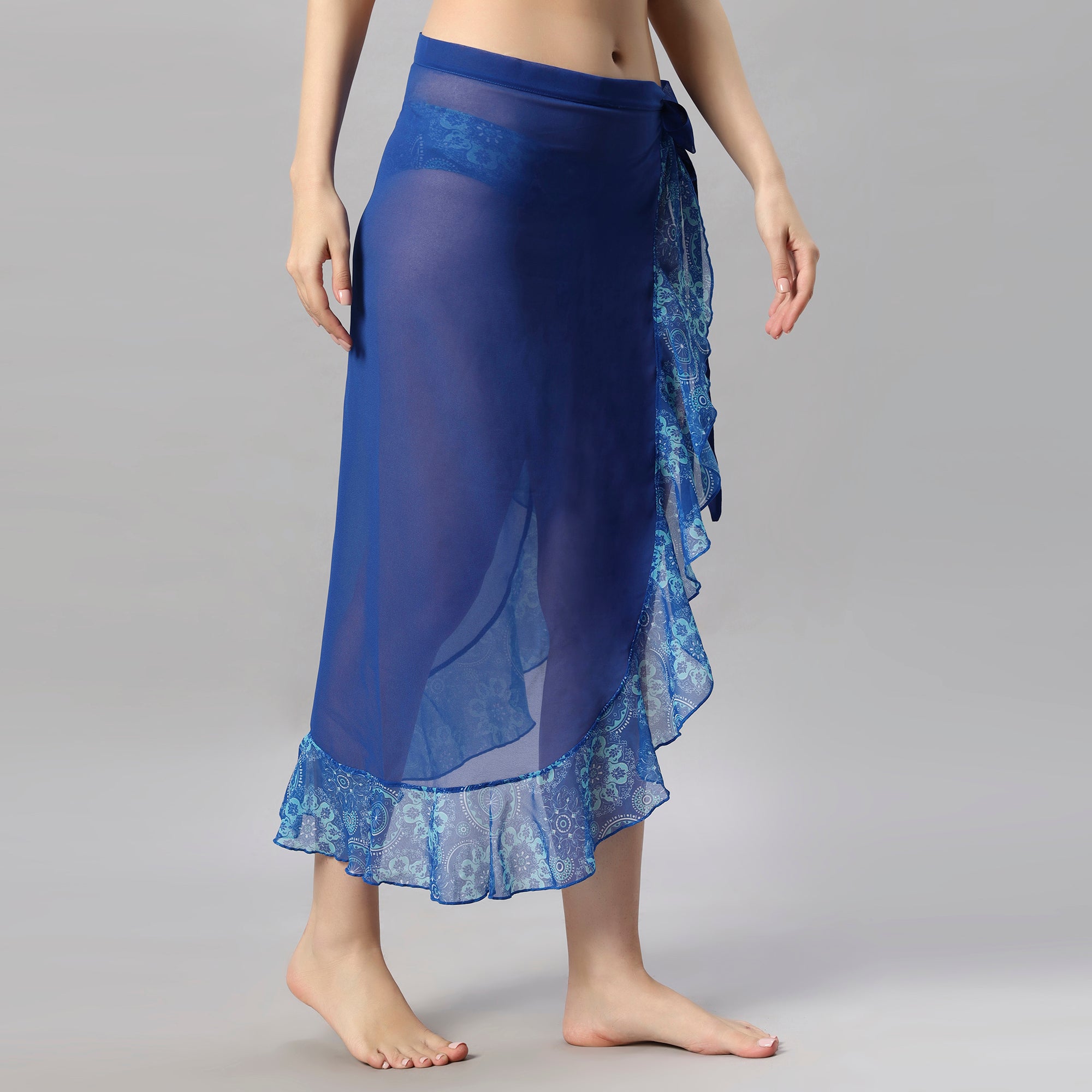 Blue Solid and Printed Wrap Around Sarong Cover Up - AQS-13