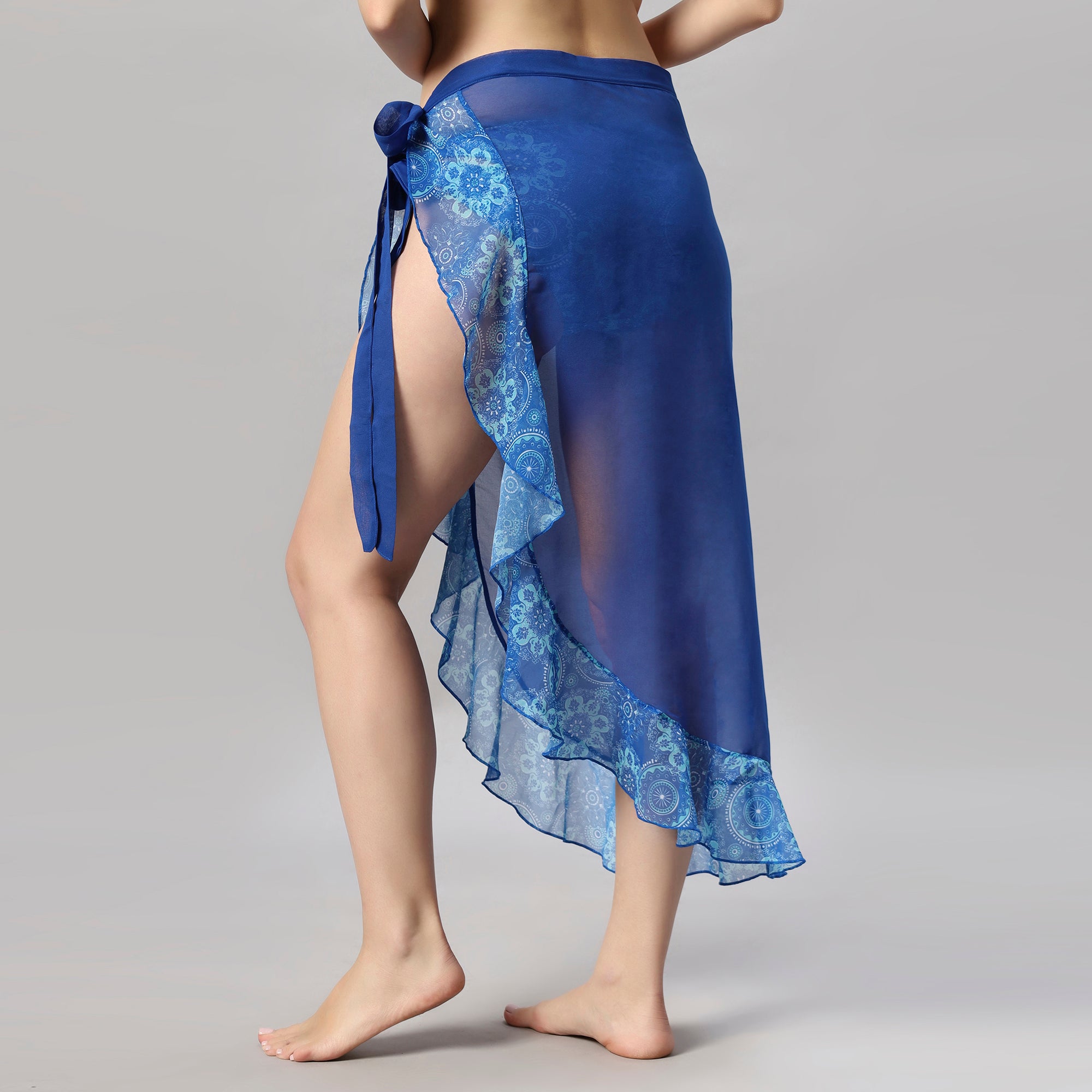 Blue Solid and Printed Wrap Around Sarong Cover Up - AQS-13