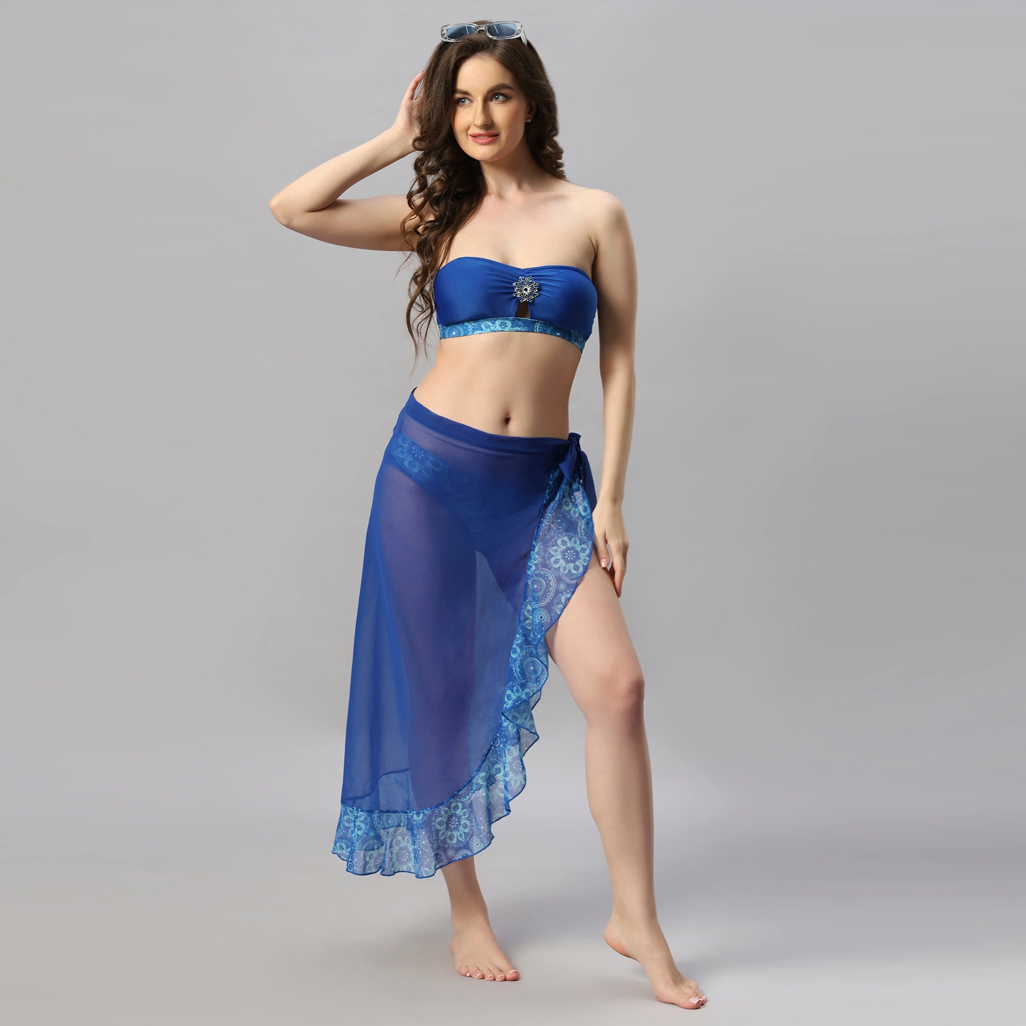 Blue Solid and Printed Wrap Around Sarong Cover Up - AQS-13