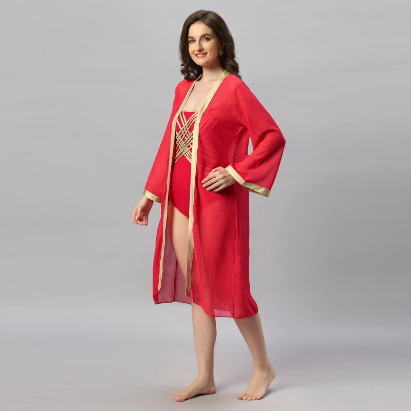 Full Bell Sleeves Front Open Metallic Gold Robe Cover Up-AQS-16