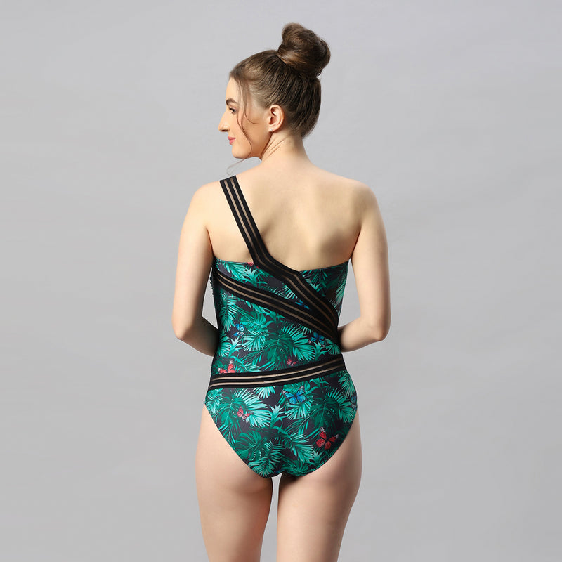 One-shoulder Tropical Butterfly Print Monokini Swimsuit-AQS-17