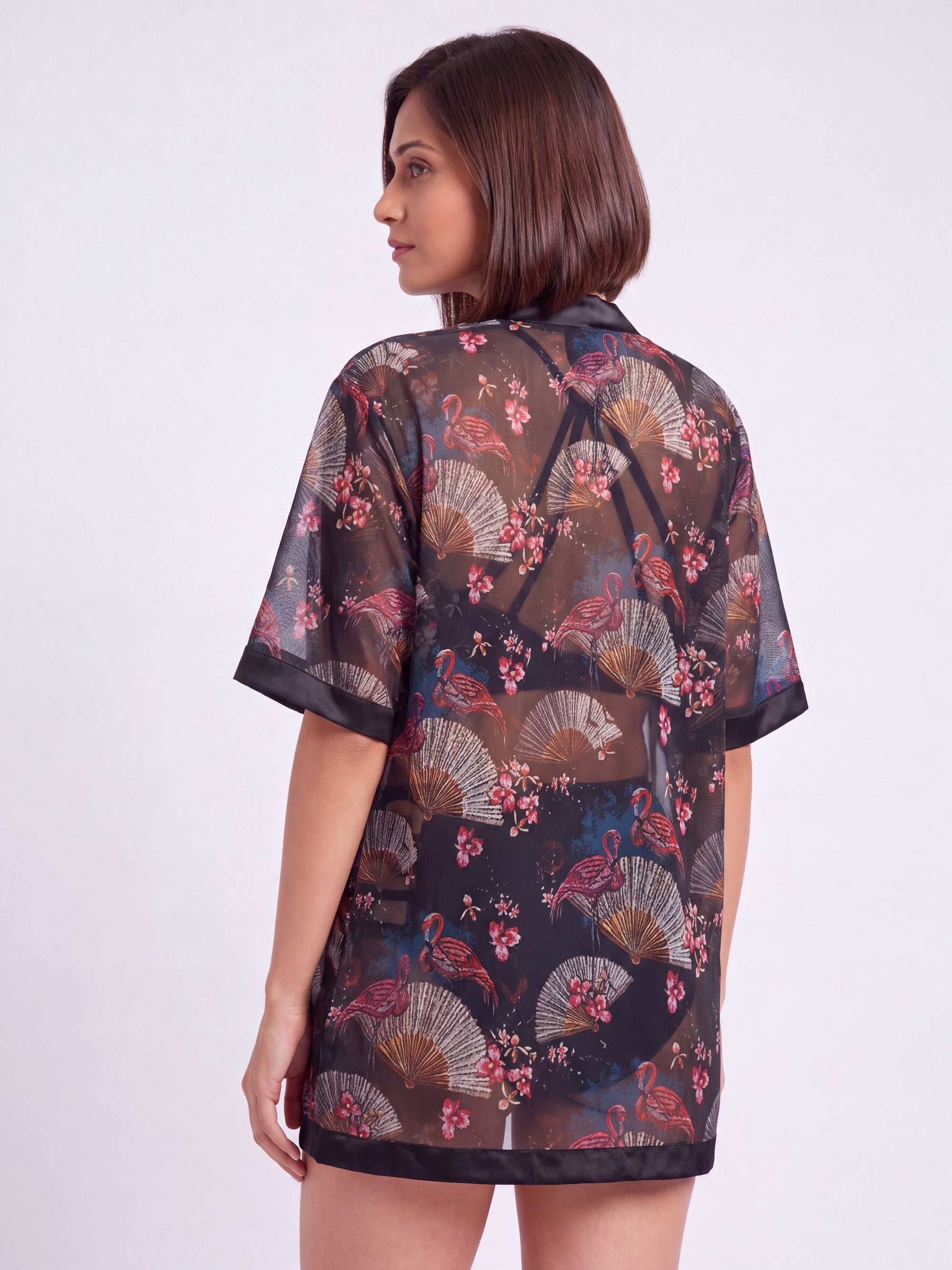 Oriental Print Half-Sleeve Satin Hem Kimono Robe