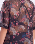 Oriental Print Half-Sleeve Satin Hem Kimono Robe