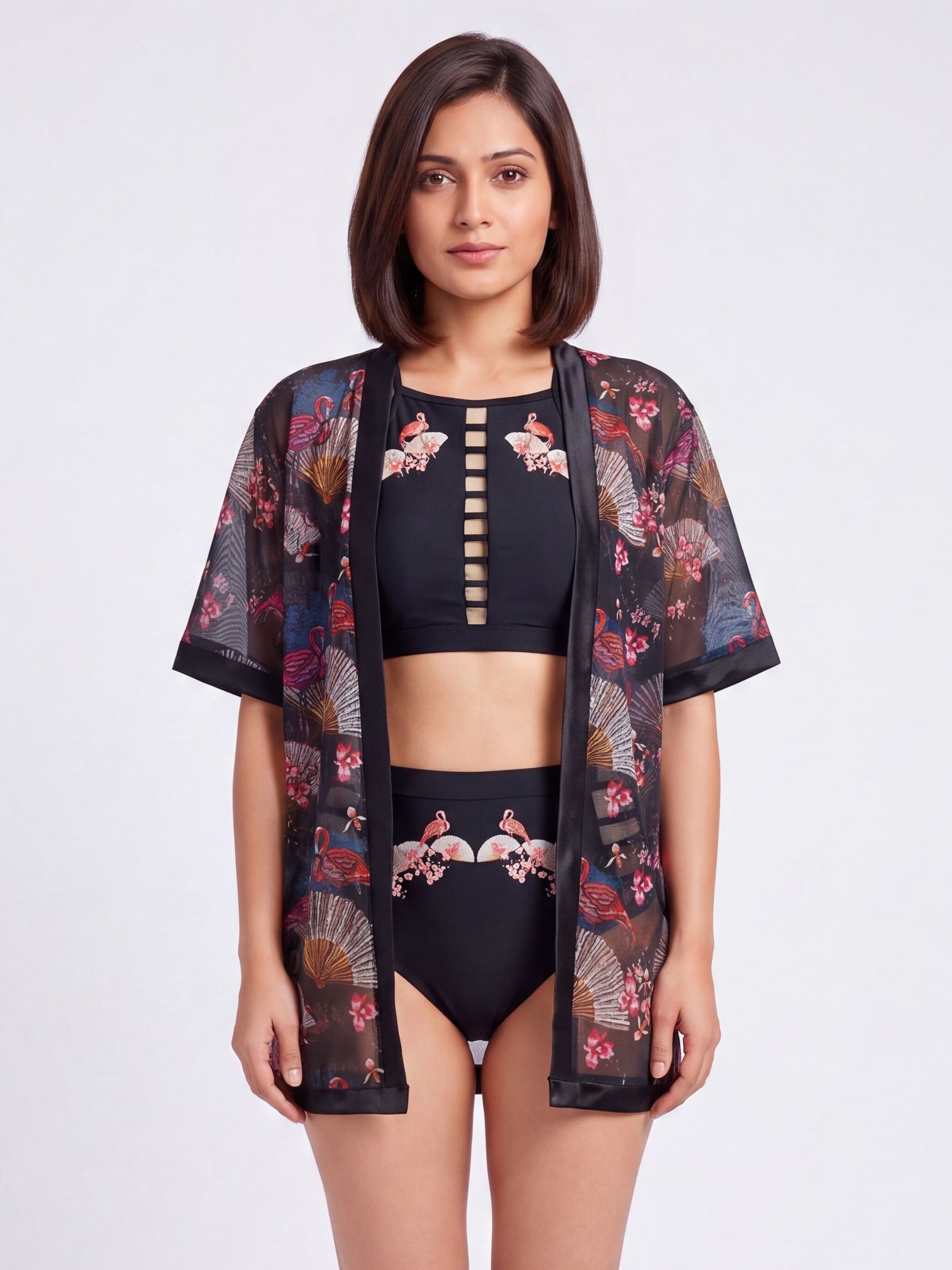 Oriental Print Half-Sleeve Satin Hem Kimono Robe