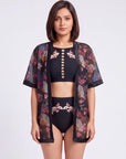 Oriental Print Half-Sleeve Satin Hem Kimono Robe