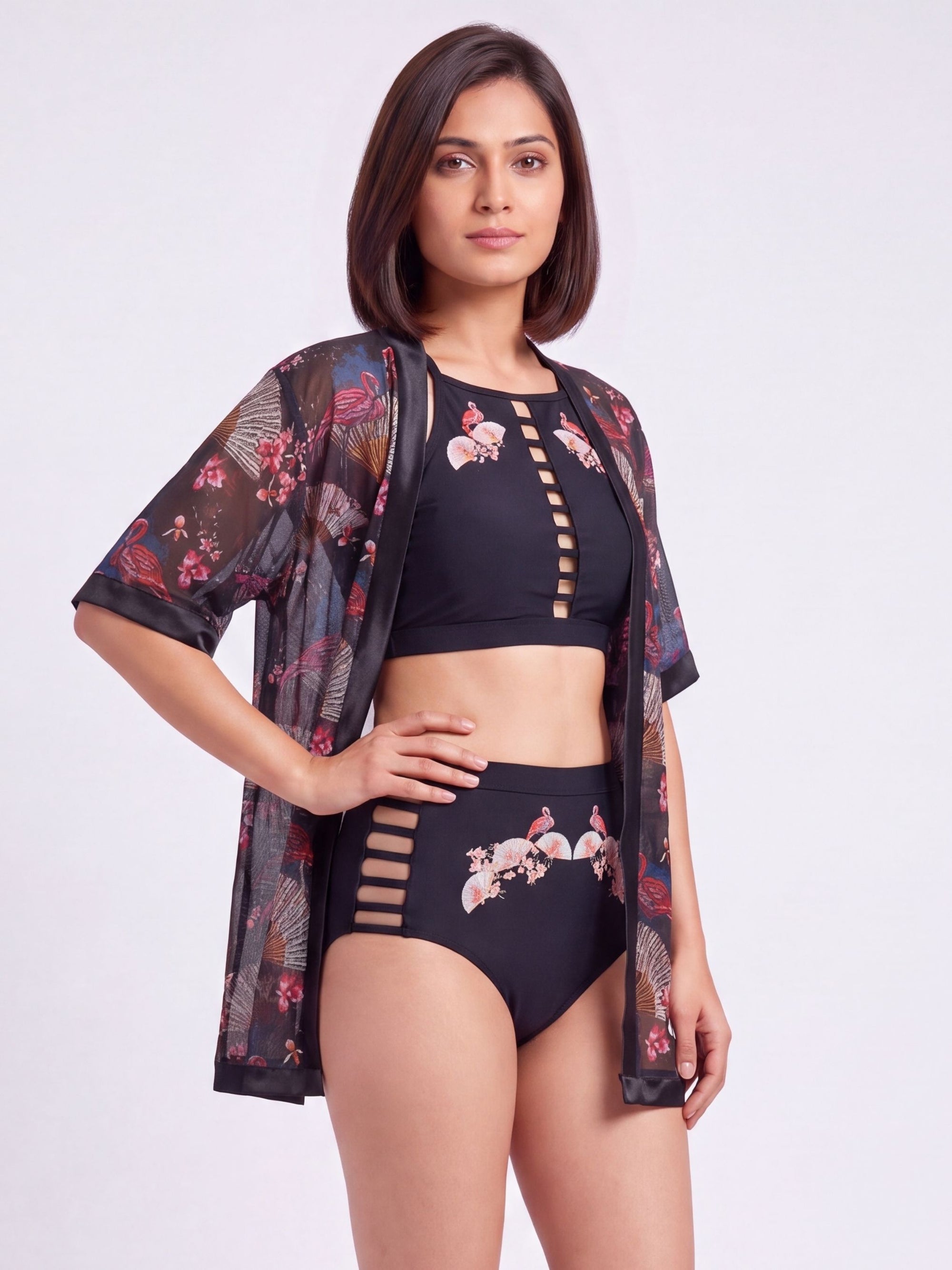Oriental Print Half-Sleeve Satin Hem Kimono Robe