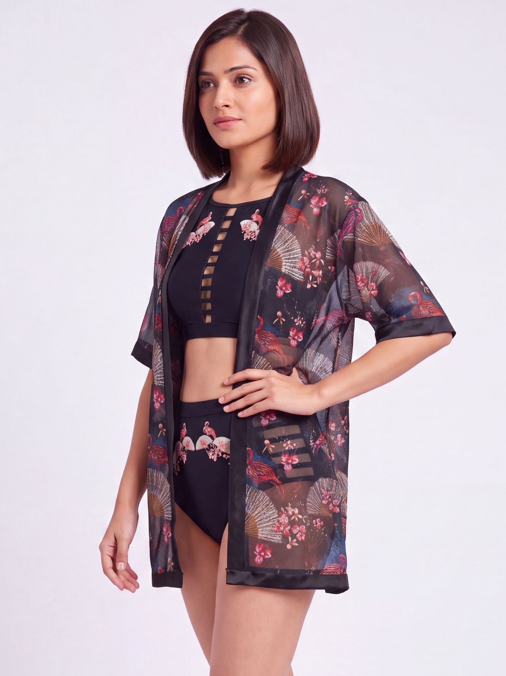 Oriental Print Half-Sleeve Satin Hem Kimono Robe