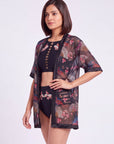 Oriental Print Half-Sleeve Satin Hem Kimono Robe