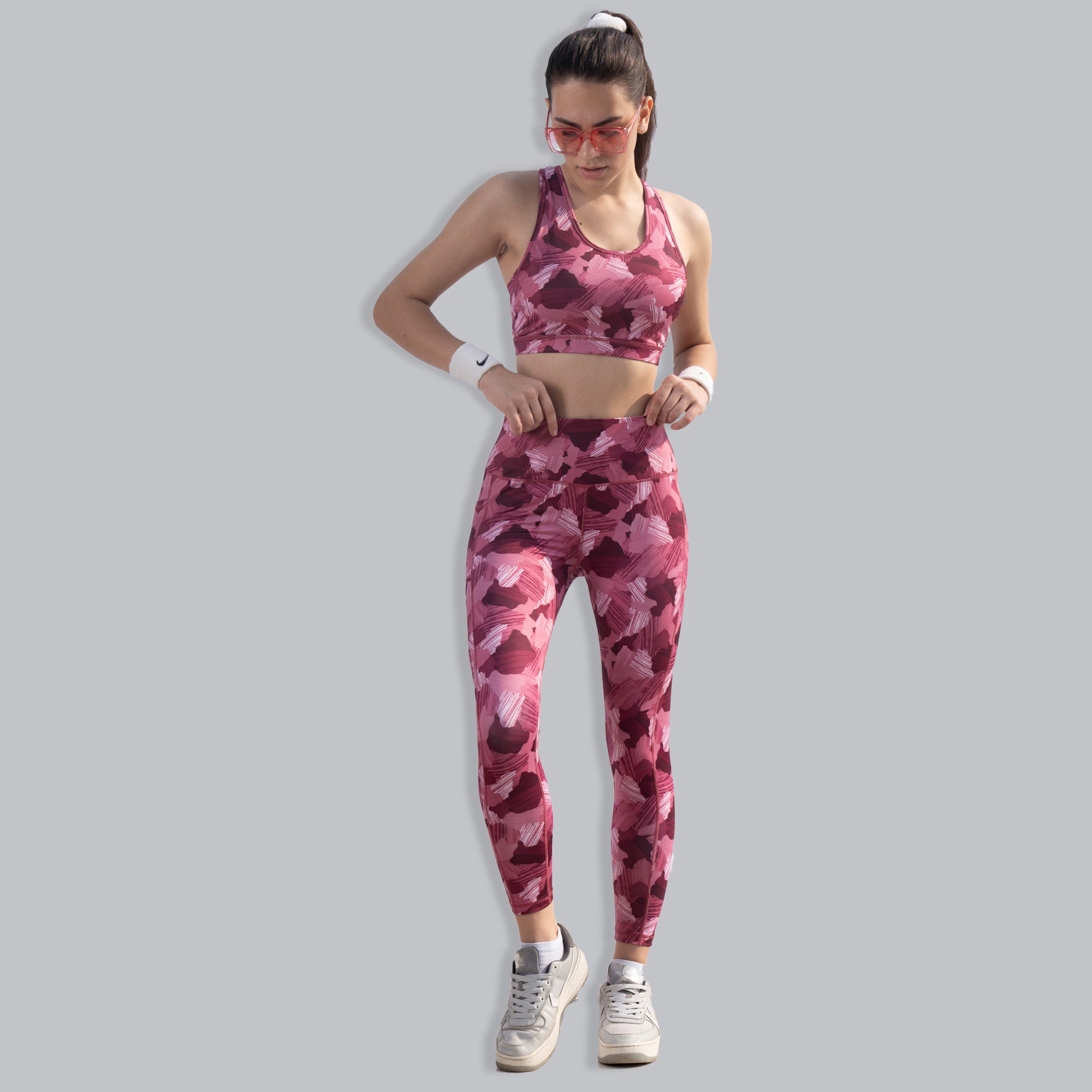 Set of Medium Impact Racerback Sports Bra with High Waist Ankle Length Sports Leggings With Pocket SET AT-3 AT-4