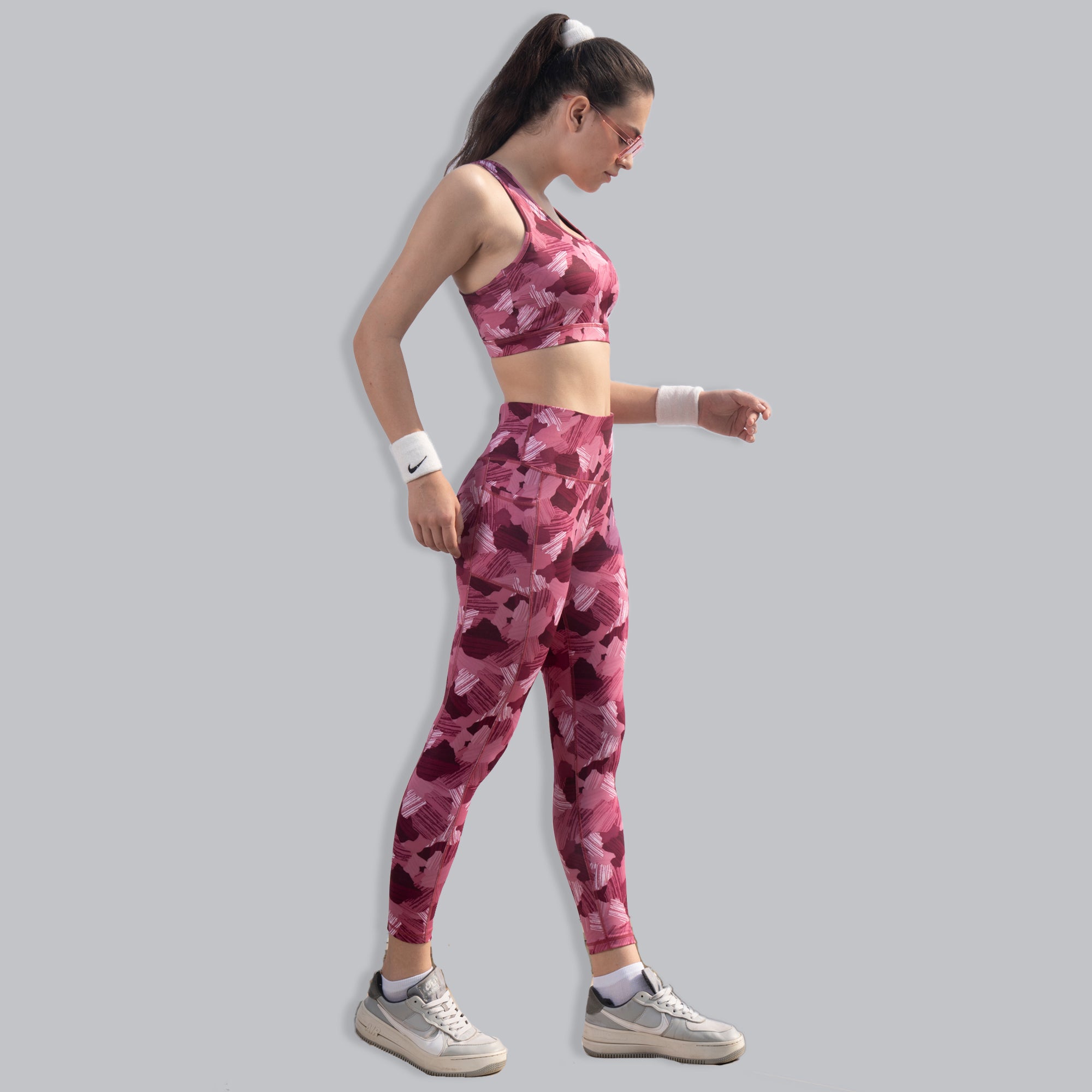 Set of Medium Impact Racerback Sports Bra with High Waist Ankle Length Sports Leggings With Pocket SET AT-3 AT-4