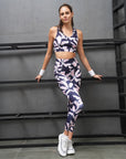 Soie Women's Medium Impact Quick Dry Racerback Printed Athleisure Sports Bra with High Waist Ankle Length Leggings With Side Pockets SET AT-3 AT-4