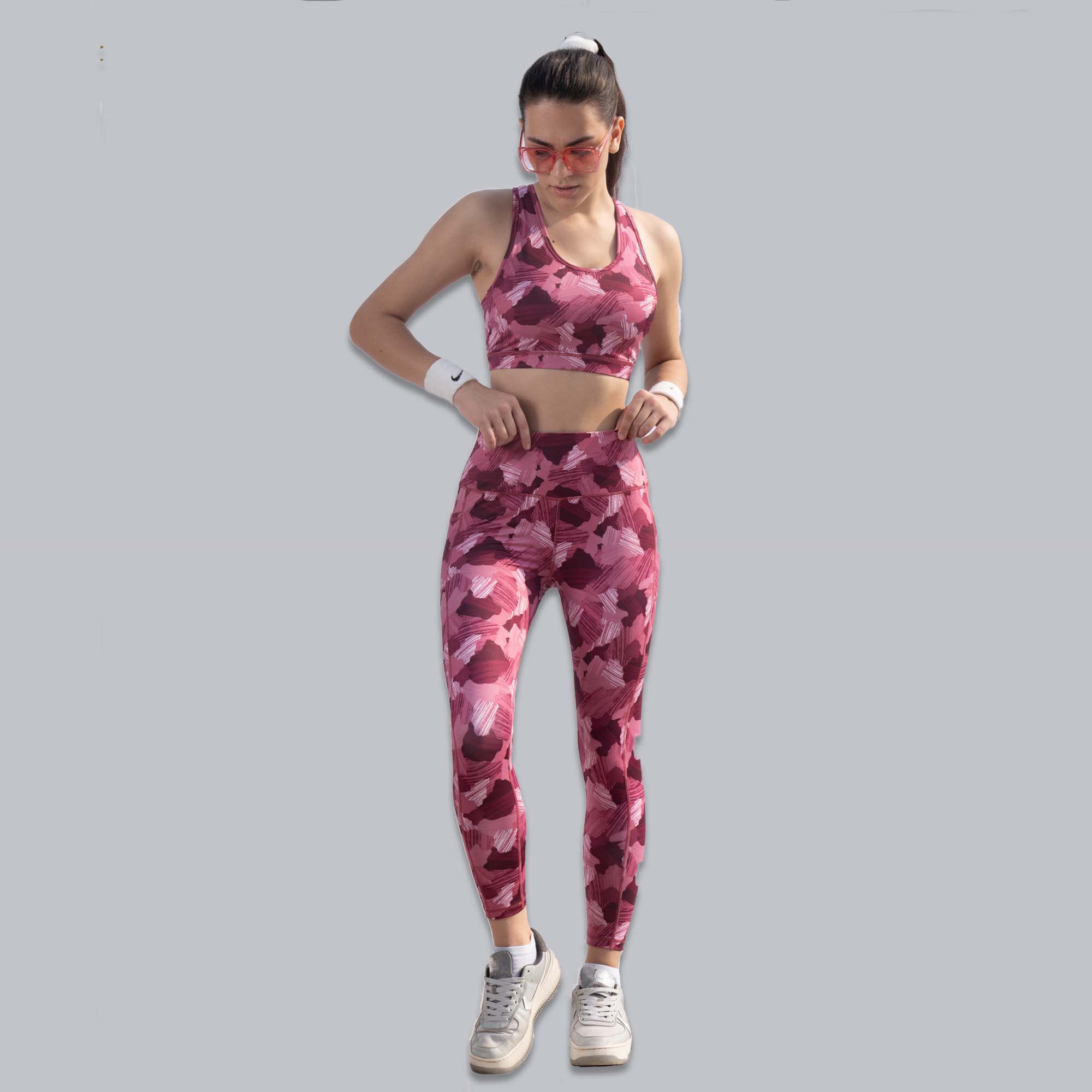 Set of Medium Impact Racerback Sports Bra with High Waist Ankle Length Sports Leggings With Pocket SET AT-3 AT-4