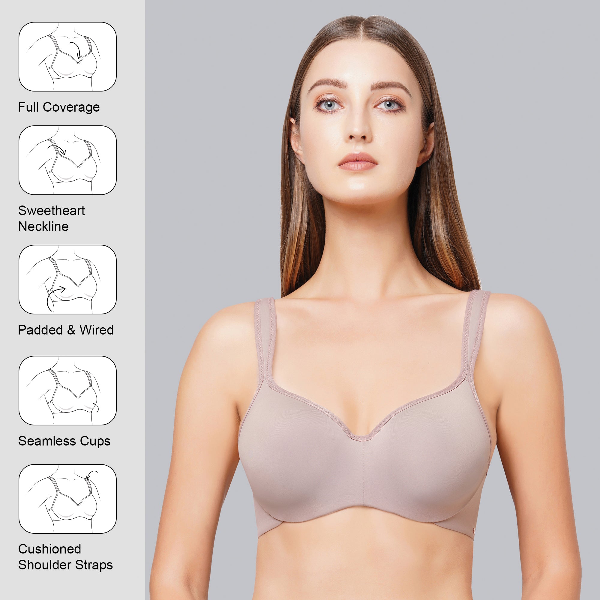 Padded Wired Full Coverage Seamless Cups Sweetheart Neckline Bra-CB-130