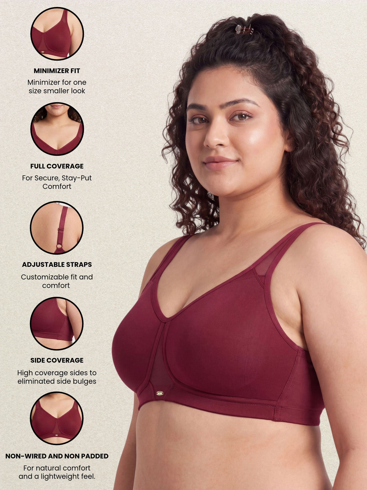 Non Padded Non wired Full Coverage Spacer Fabric Cups Minimiser T-Shirt Bra