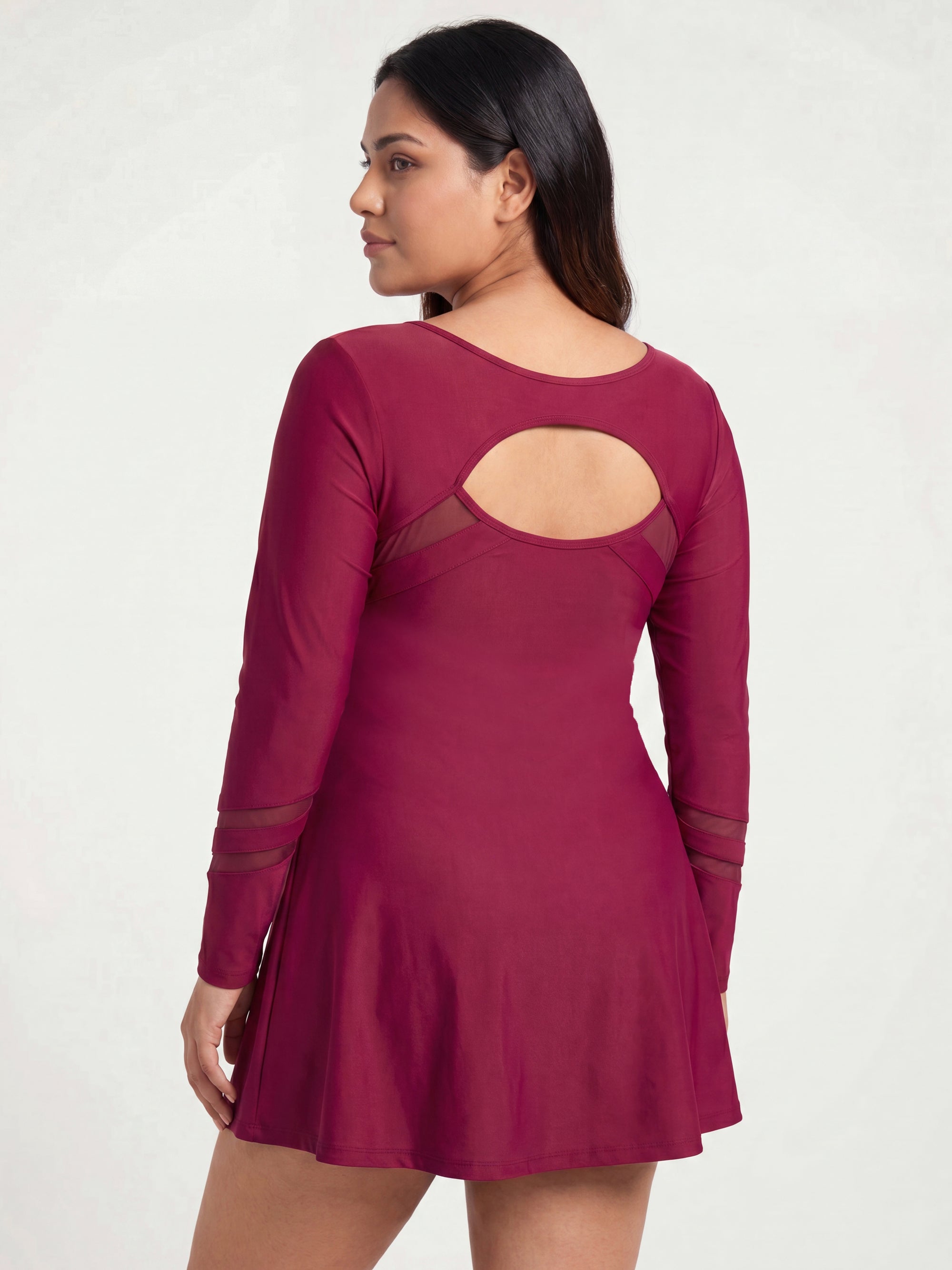 Full Sleeve Mesh Panel Swim Dress with Fixed Hot Pants