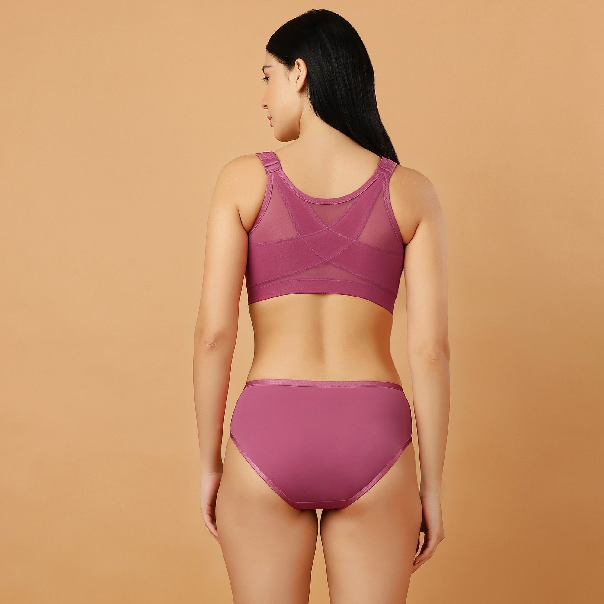 Front Closure Full Coverage Non Padded Non Wired Bra with High Waist Full Coverage Ultra Soft Mesh Panel Brief